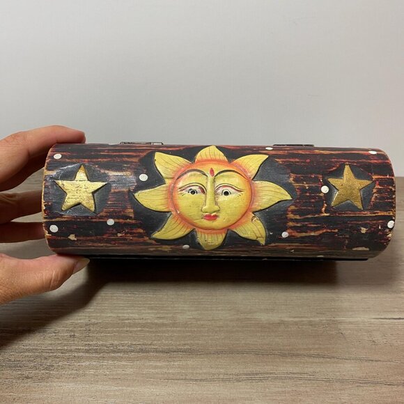 Vintage Celestial Wooden Box Sun, Moon & Stars Yin-Yang 1990s Home Decor - Picture 7 of 8